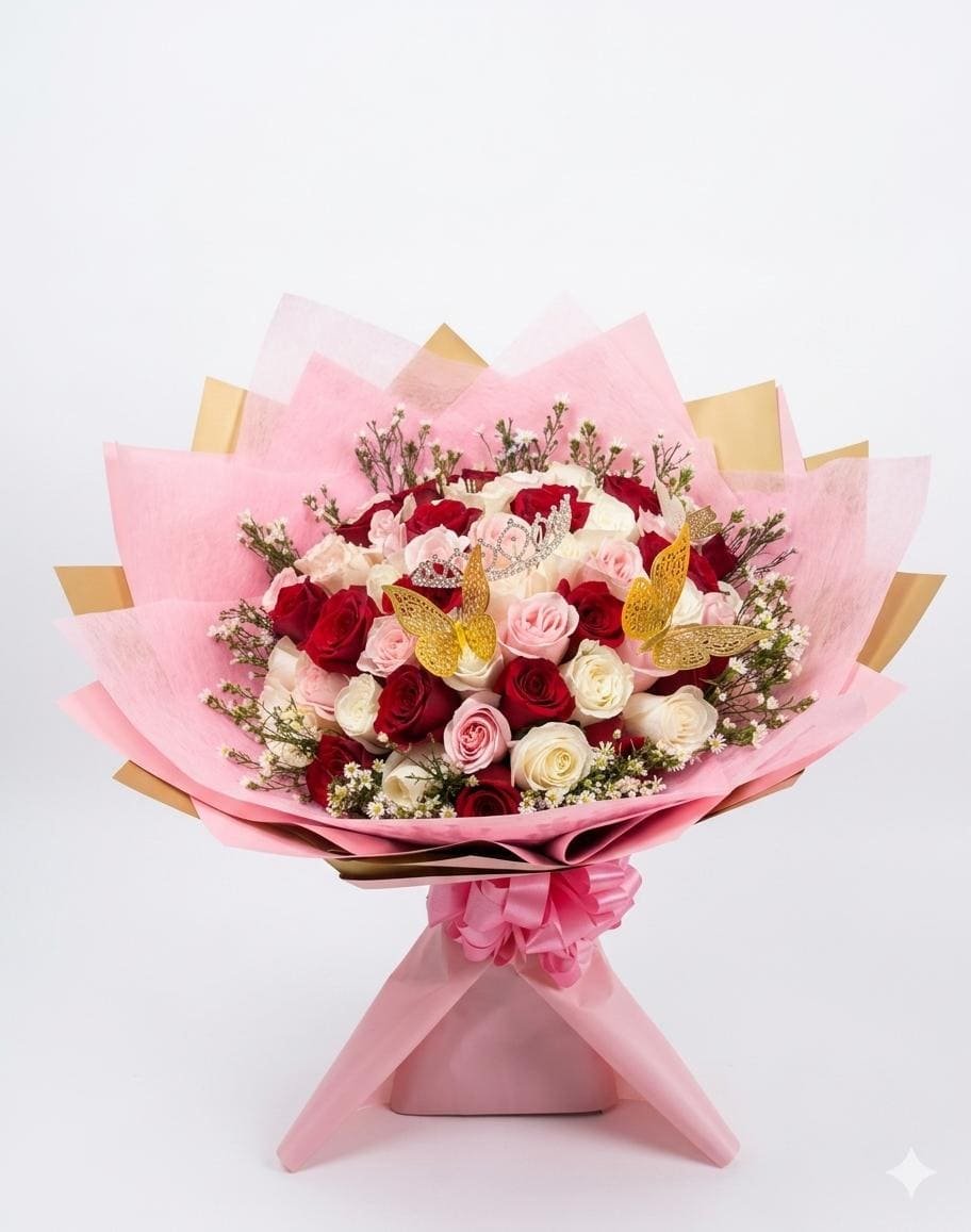 Ramo Elegante de 72 Rosas Surtidas con Corona y Mariposas en Cali