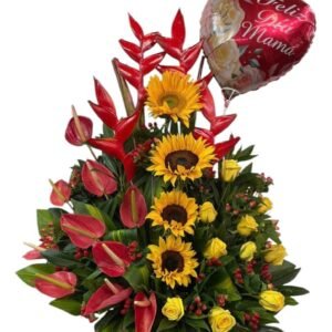 Arreglo floral exótico alto con heliconias anturios girasoles rosas amarillas cafeto y globo feliz día mamá cali