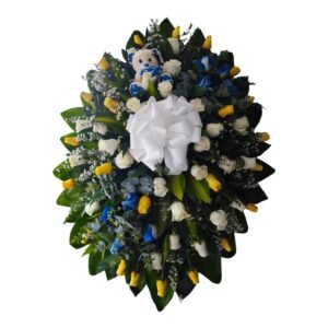 Arreglo fúnebre infantil con peluche de 20 cm y 72 rosas multicolores cali
