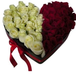 caja corazon 50 rosas blancas y rojas de exportacion con lazo de satin rojo cali