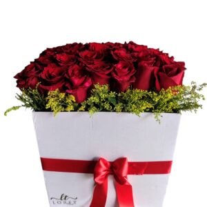 Caja de cartón blanca de 30x30 con 48 rosas rojas y cinta de satén cali