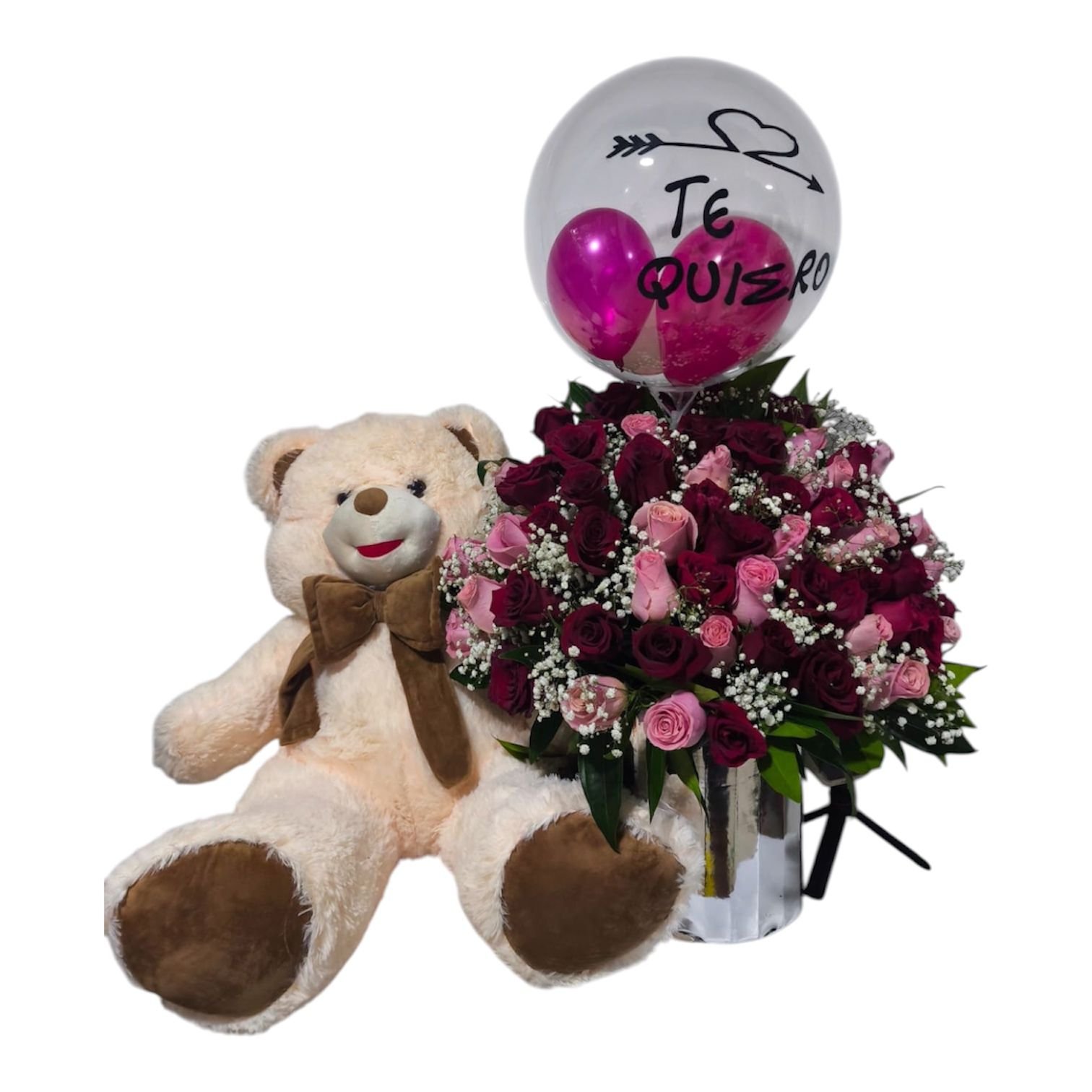 arreglo floral de 50 rosas en caja de madera fina con oso de peluche gigante de 1m y globo burbuja personalizado te quiero cali