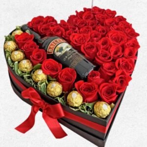 Corazón de madera con 100 rosas rojas, Baileys y chocolates Ferrero en Cali