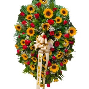 Corona fúnebre circular con 60 rosas blancas y 12 girasoles en cali