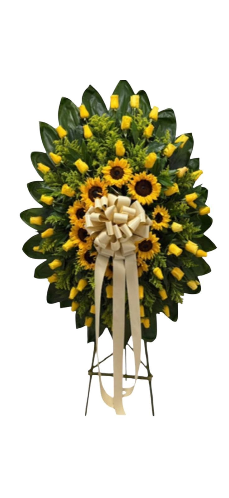 Corona fúnebre en pedestal con girasoles radiantes y rosas amarillas cali