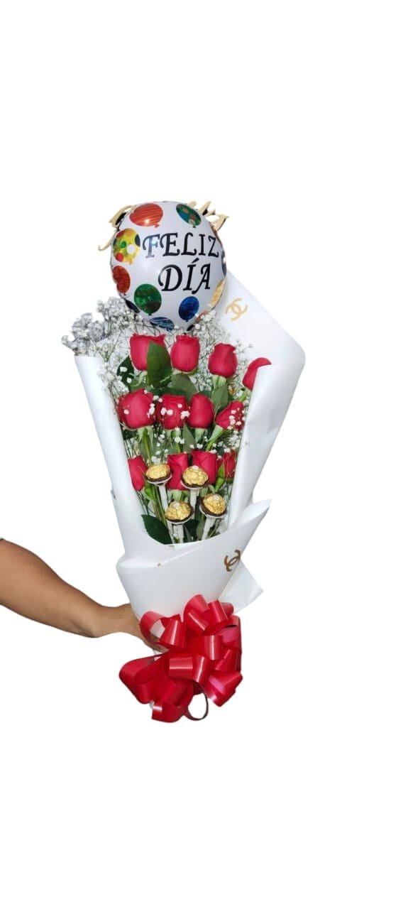 Ramo de 12 Rosas Rojas con Chocolates Ferrero y Globo a Domicilio en Cali