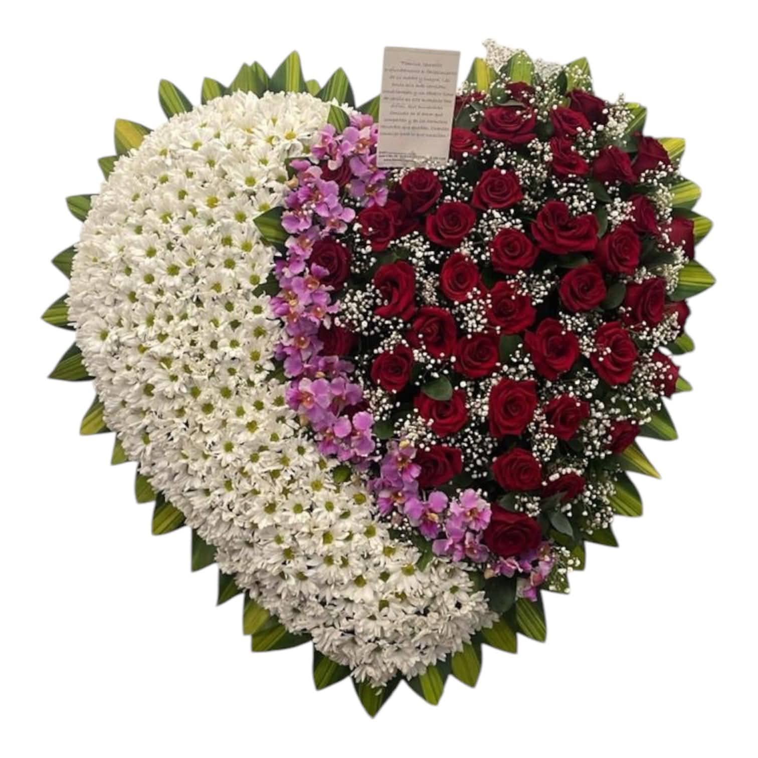 corazon tapizado funebre con margaritas blancas orquideas hawaianas moradas y rosas rojas cali