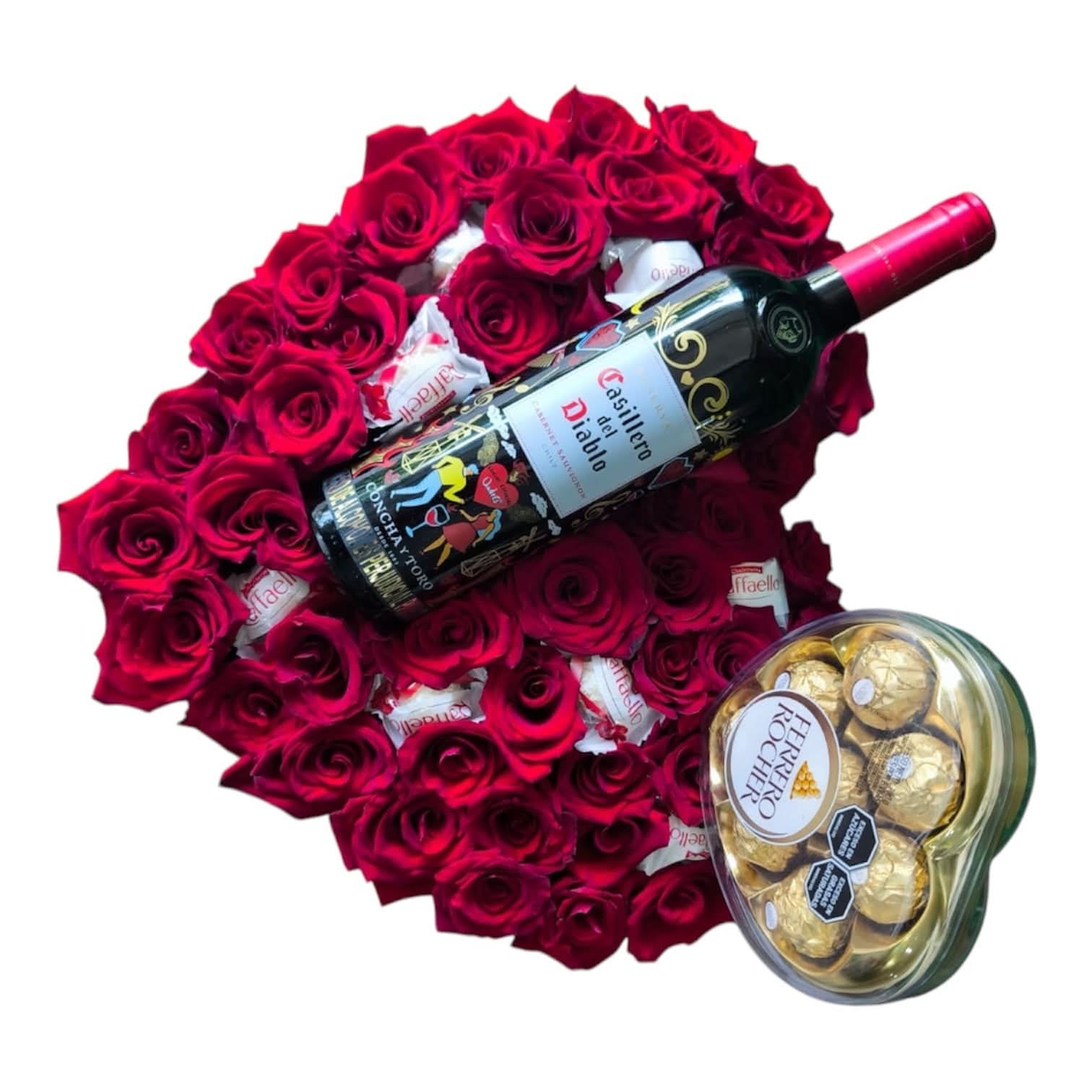 corazon de rosas rojas con vino casillero del diablo chocolates ferrero rocher y raffaello cali