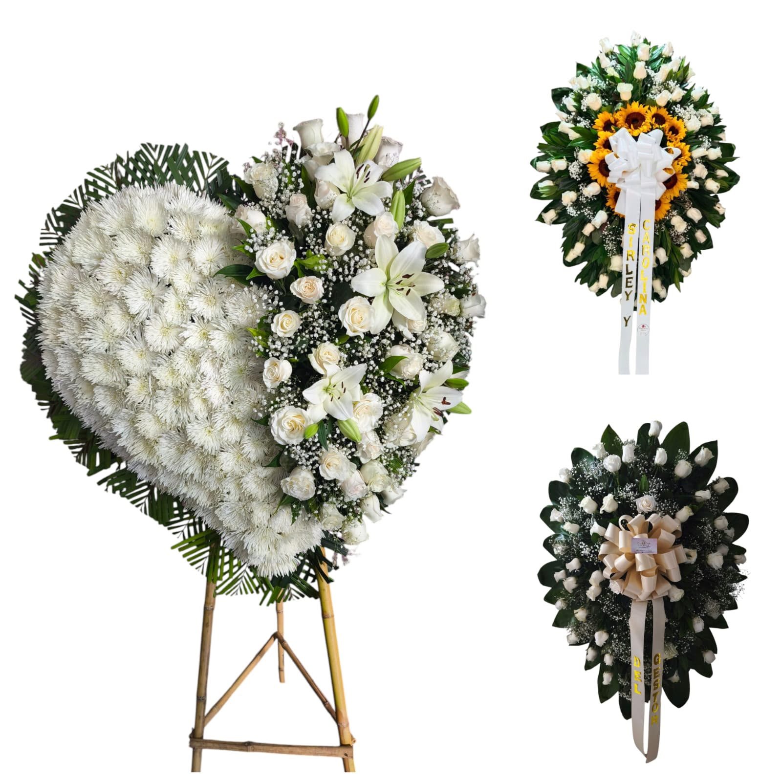 set funebre de 3 coronas grandes con corazon tapizado rosas blancas lirios y girasoles cali